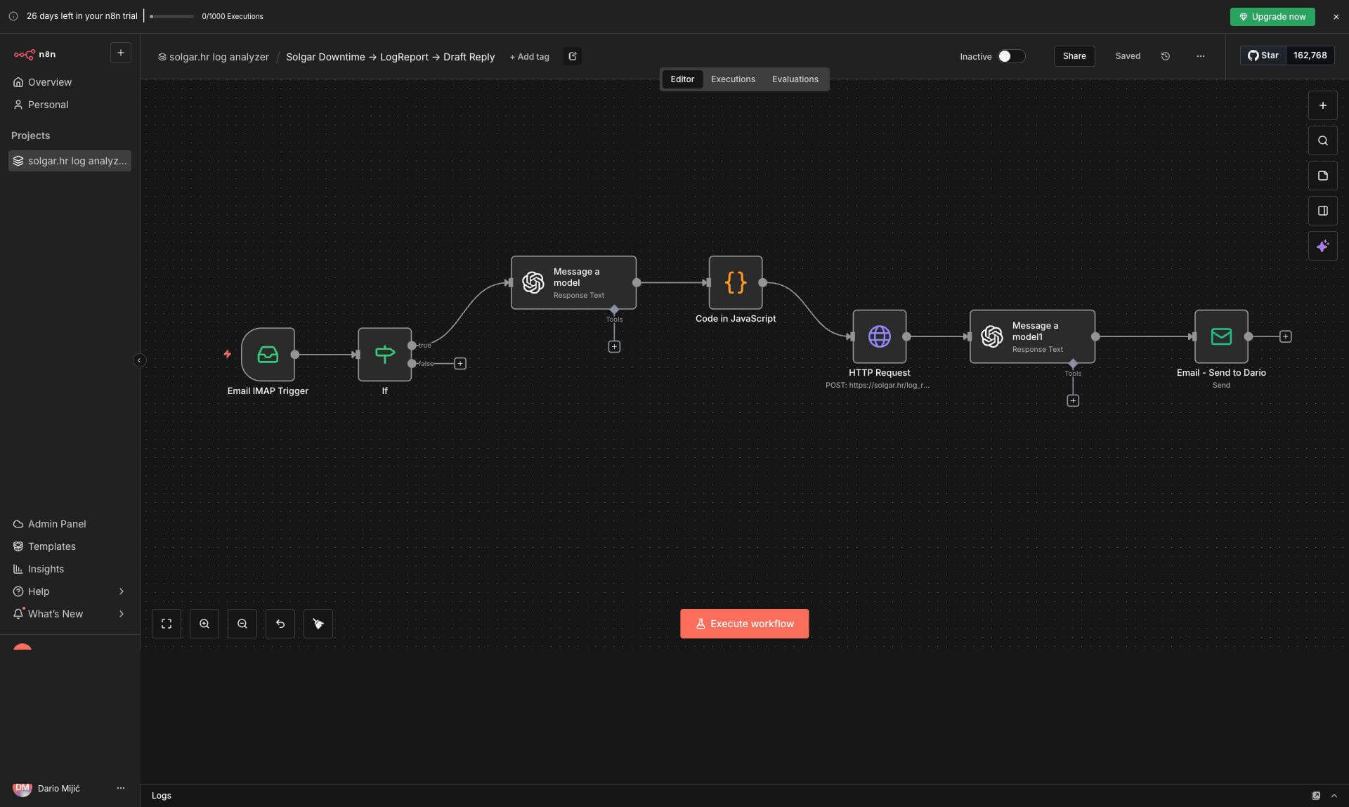 n8n screenshot za LogSense automatizaciju